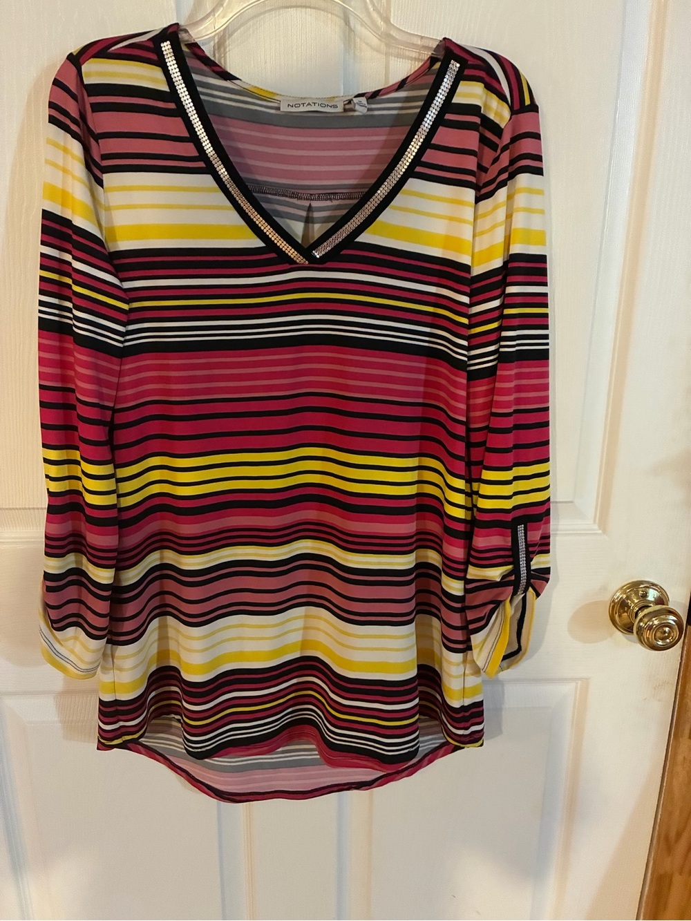 Notations Striped V-Neck Tunic in Pink, Yellow & Black with Rhinestone trim sz M